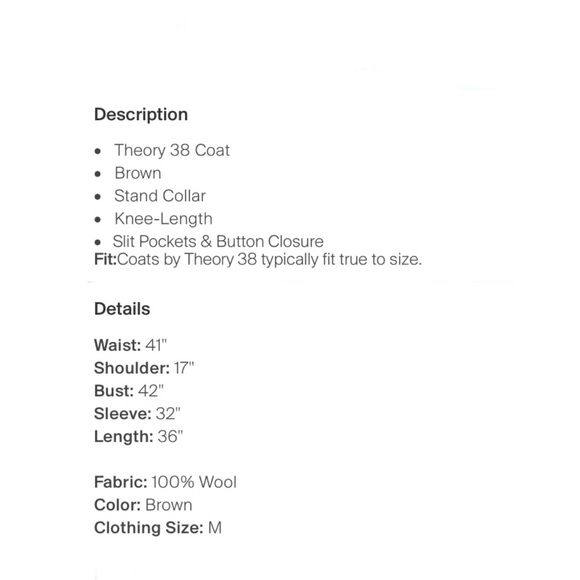 THEORY brown coat size M 100% wool - Picture 5 of 10